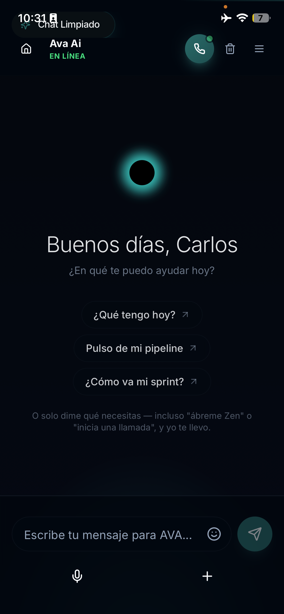 AVA AI app — pantalla de inicio: AVA te saluda y propone qué sigue en tu día