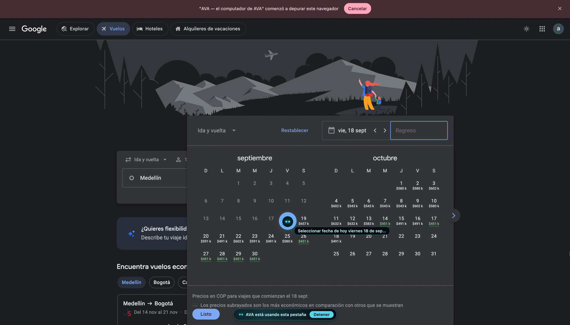 AVA AI seleccionando el viernes 18 de septiembre en el calendario de Google Flights, con los precios por día