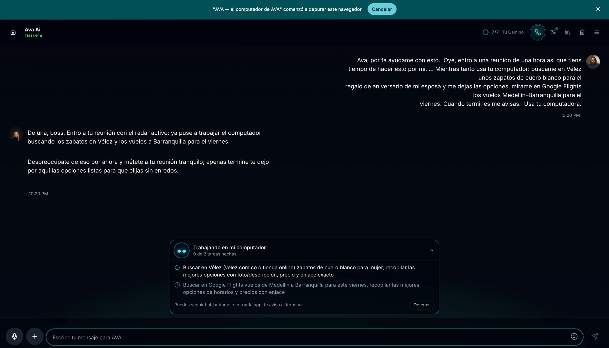 Chat de AVA AI con el pedido del usuario y la tarjeta “Trabajando en mi computador” con sus dos tareas