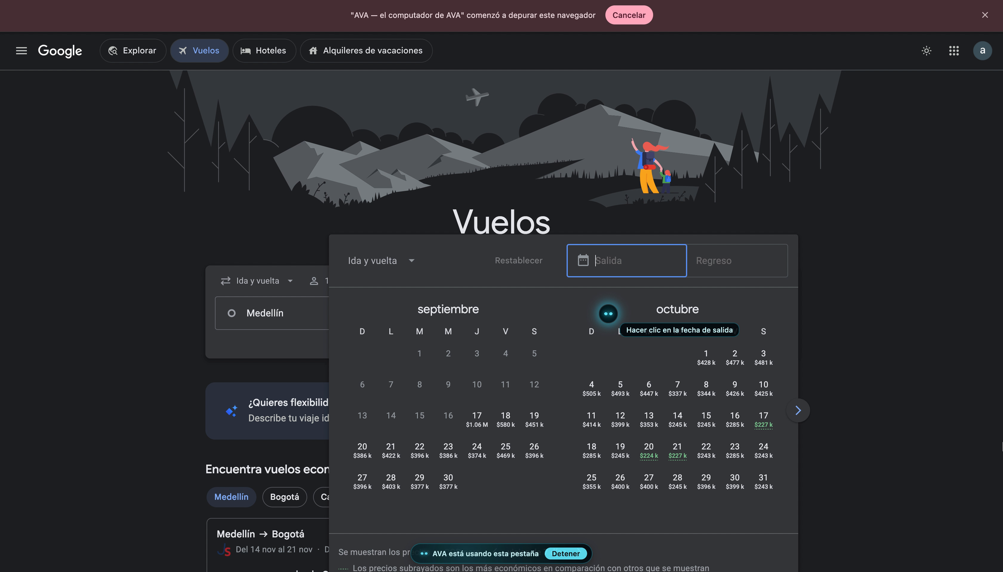 AVA AI en Google Flights, en su propio computador, haciendo clic en la fecha de salida del vuelo Medellín–Barranquilla
