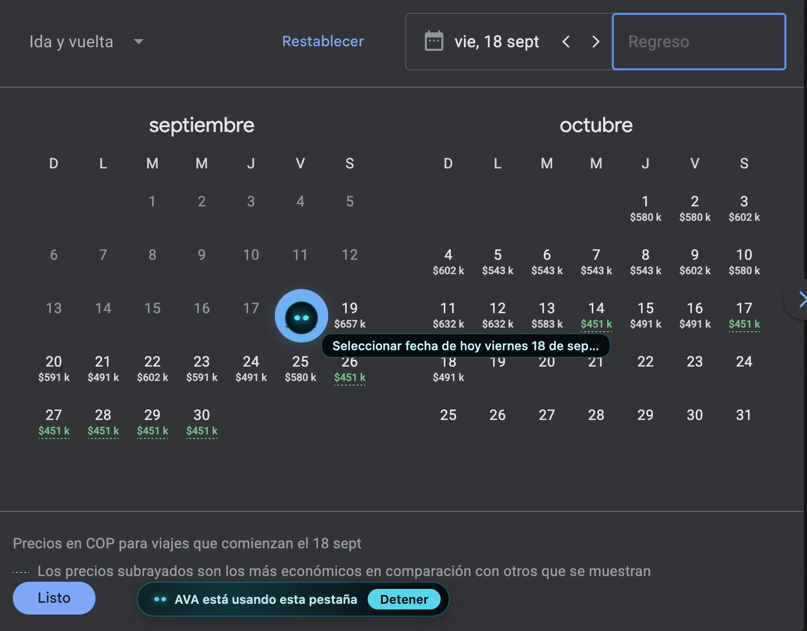 AVA AI seleccionando el viernes 18 de septiembre en el calendario de Google Flights, con los precios por día
