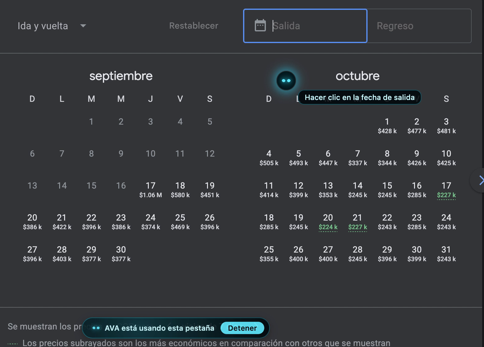 AVA AI en Google Flights haciendo clic en la fecha de salida del vuelo Medellín–Barranquilla