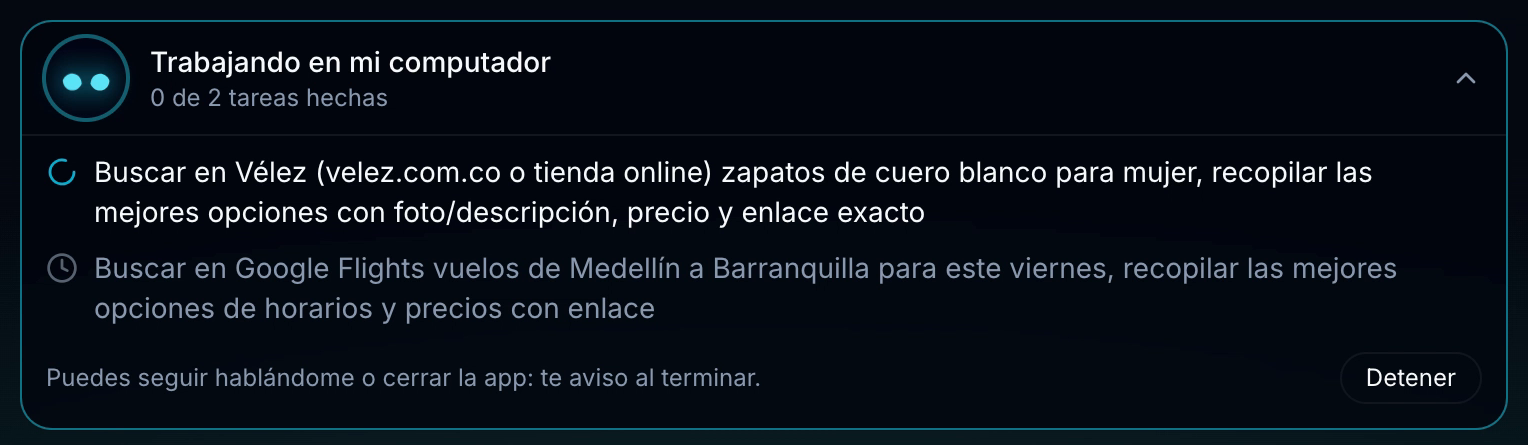 Tarjeta “Trabajando en mi computador” de AVA AI con el plan de dos tareas: buscar zapatos en Vélez y vuelos en Google Flights