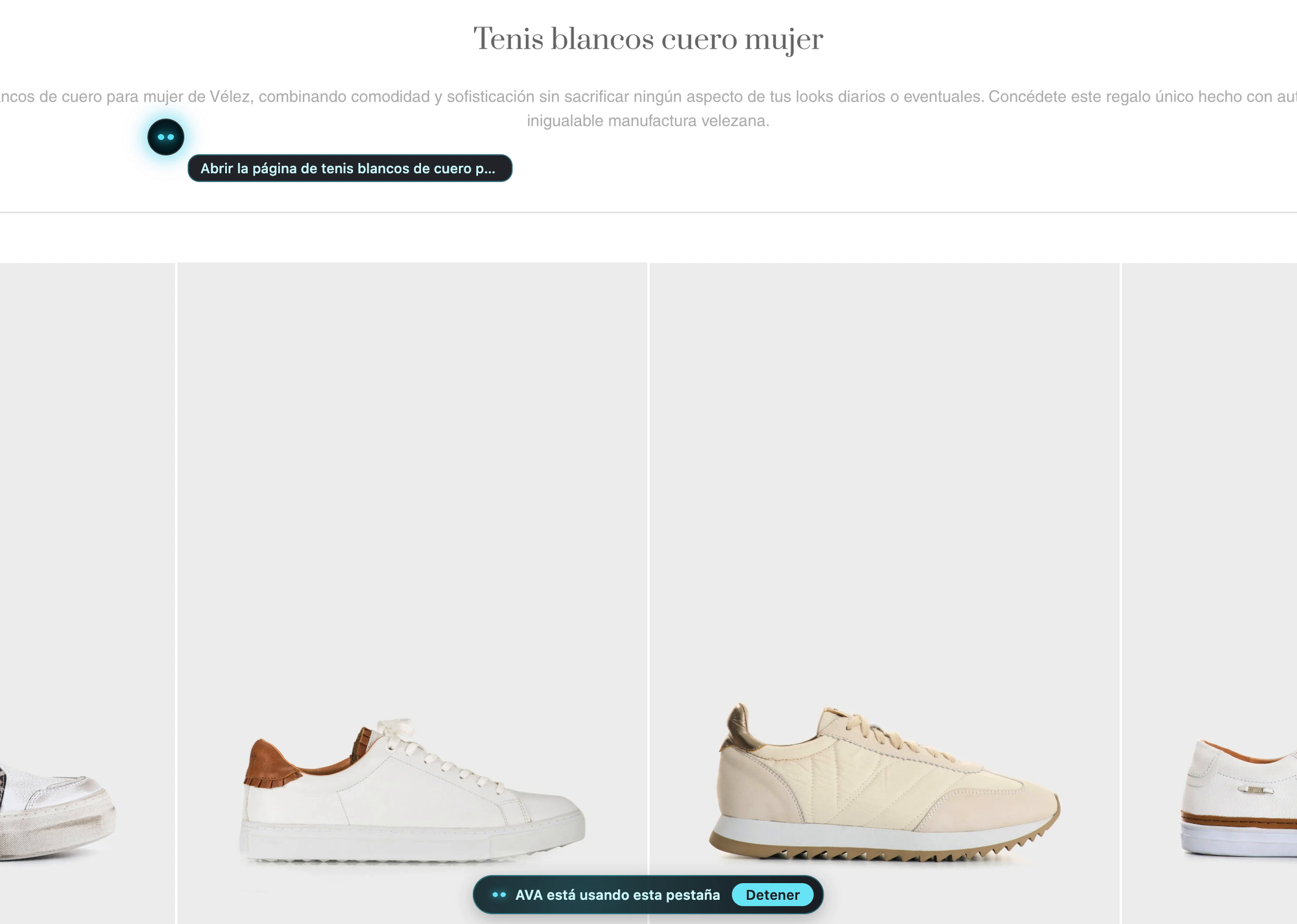 Los ojos de AVA AI como cursor abriendo la página de tenis blancos de cuero en Vélez