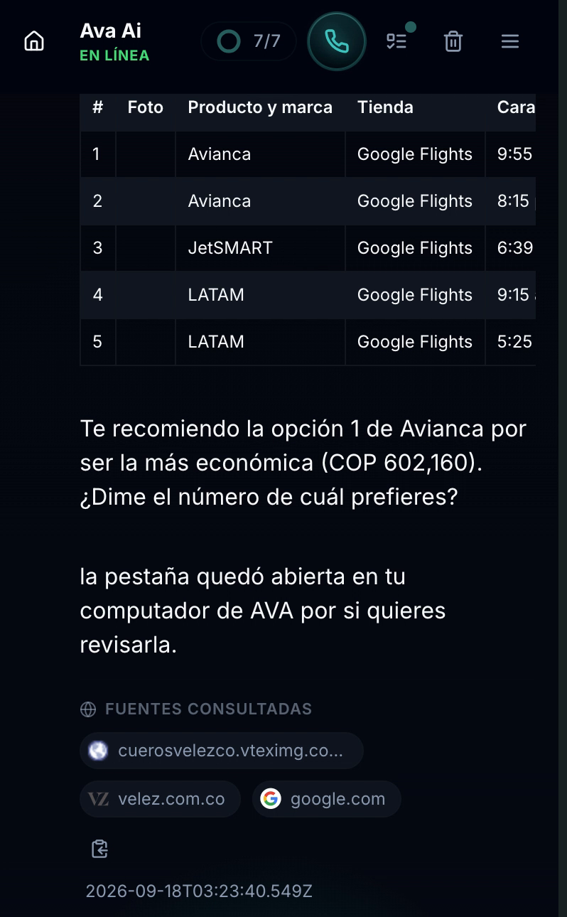 Respuesta de AVA AI en el celular: tabla de vuelos Medellín–Barranquilla de Google Flights, su recomendación y las fuentes consultadas