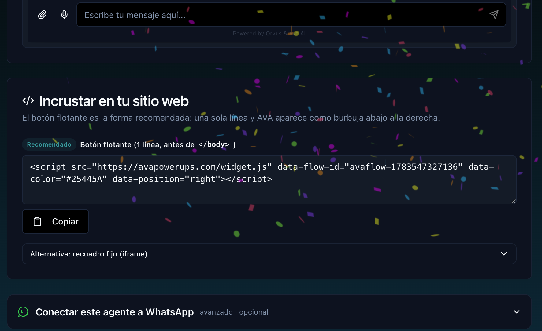 La pantalla de publicar: una línea para incrustar el agente en tu web y la opción de conectarlo a WhatsApp o Instagram