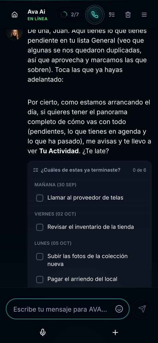 AVA AI app — Tus pendientes